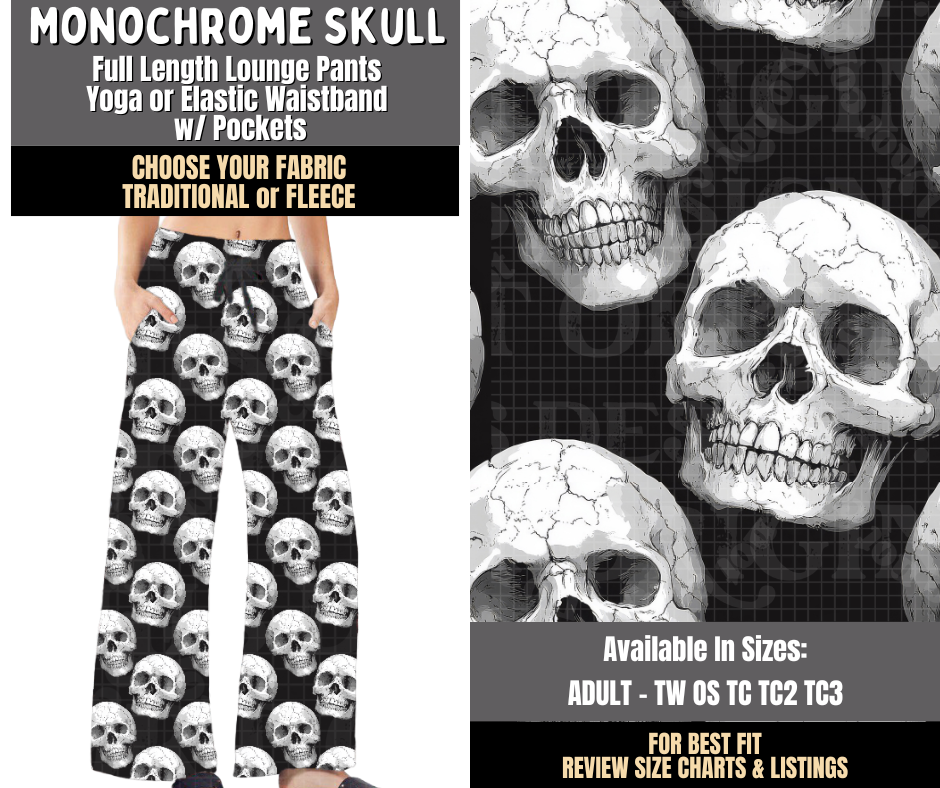 Preorder! Closes 8/3. ETA Nov. Monochrome Skull Lounge Pants Choose Fleece or Traditional