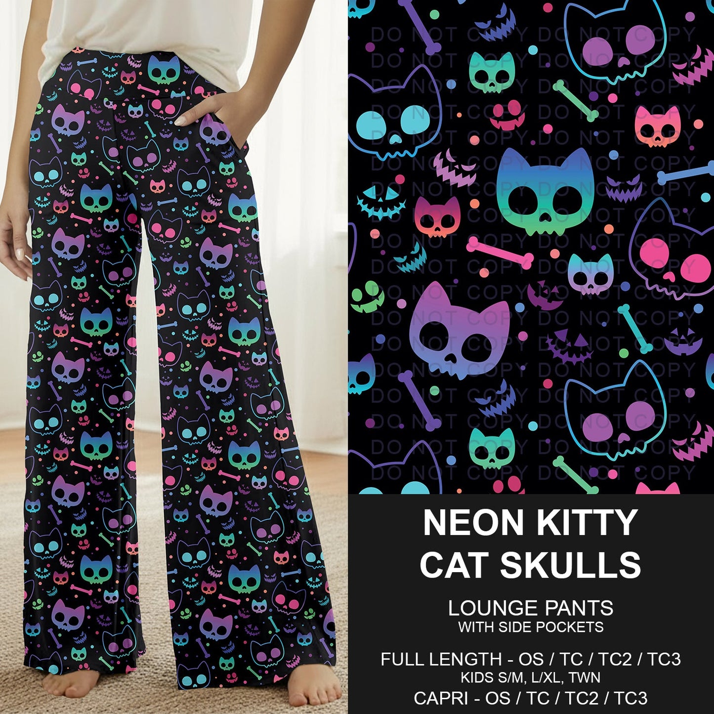 B297 - Preorder Neon Kitty Cat Skulls Lounge Pants (Closes 6/28. ETA: early Sept.)