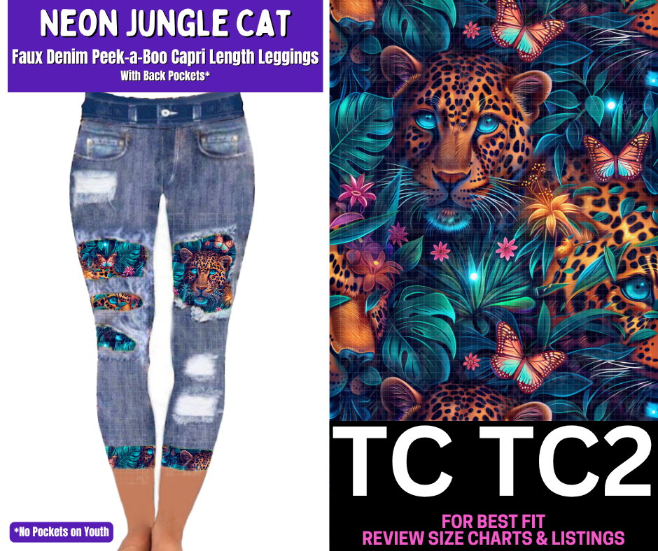 Neon Jungle Cat Capri Faux Denim Peekaboo