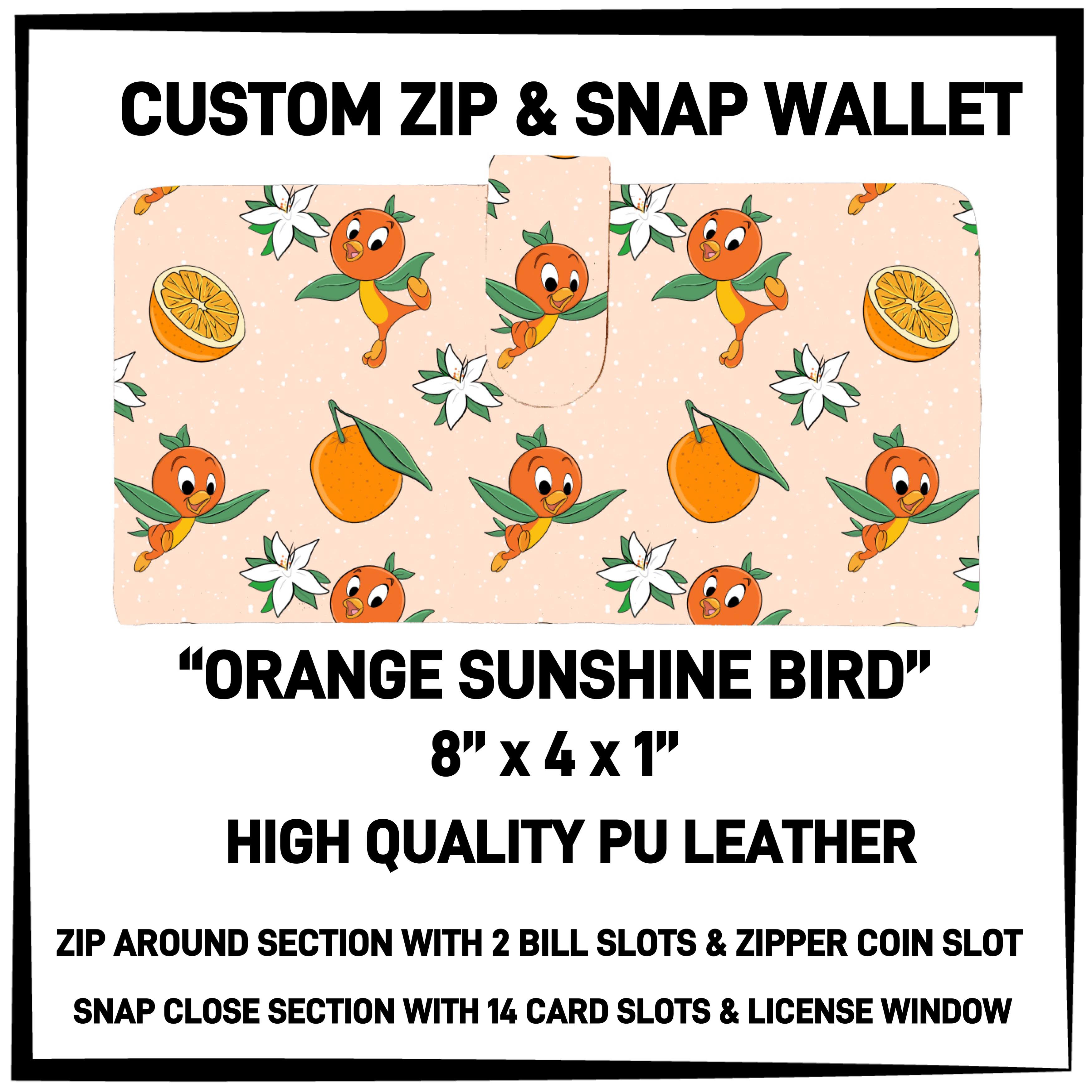 RTS - Orange Sunshine Bird Zip & Snap Wallet with Gold Zipper