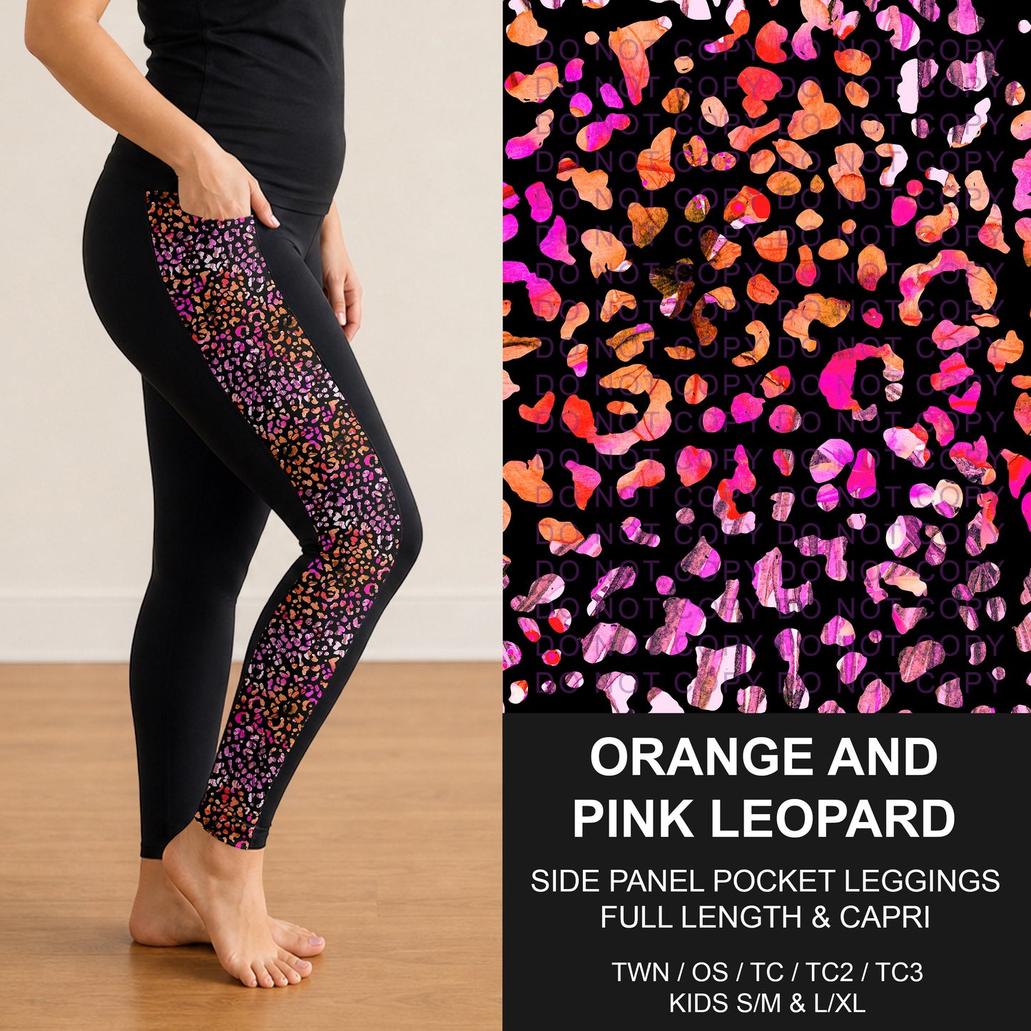 B300 - Preorder Orange and Pink Leopard Side Panel Pocket Leggings (Closes 7/15. ETA: mid Sept.)