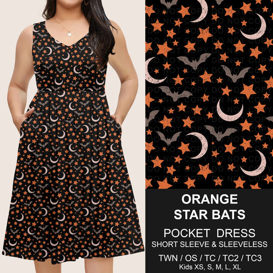 B302 - Preorder Orange Star Bats Pocket Dress (Closes 7/24. ETA: early Oct)