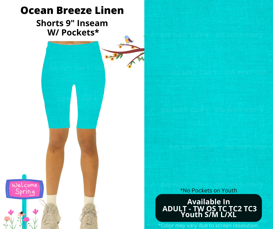 Preorder! Closes 1/8. ETA April. Ocean Breeze Linen 9" Inseam Shorts w/wo Pockets