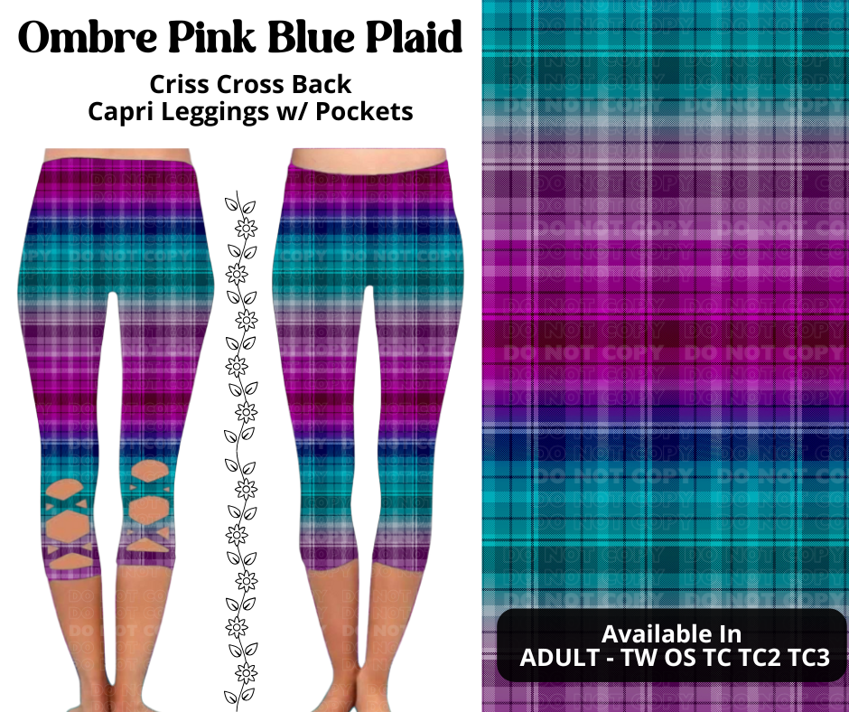 Preorder! Closes 3/27. ETA June. Ombre Pink Blue Plaid Criss Cross Capri w/ Pockets