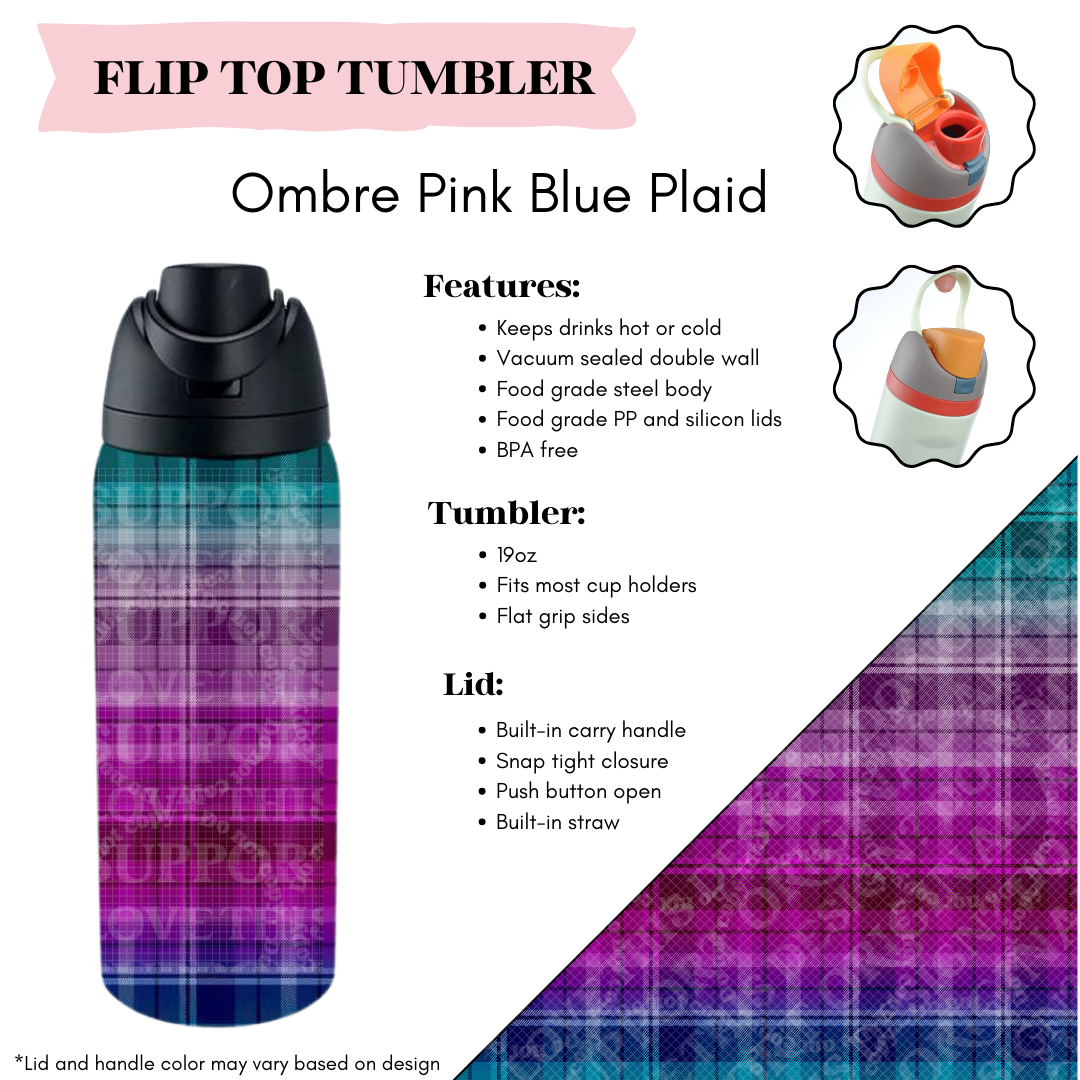 Preorder! Closes 3/20. ETA June. Ombre Pink Blue Plaid Flip Top Tumbler