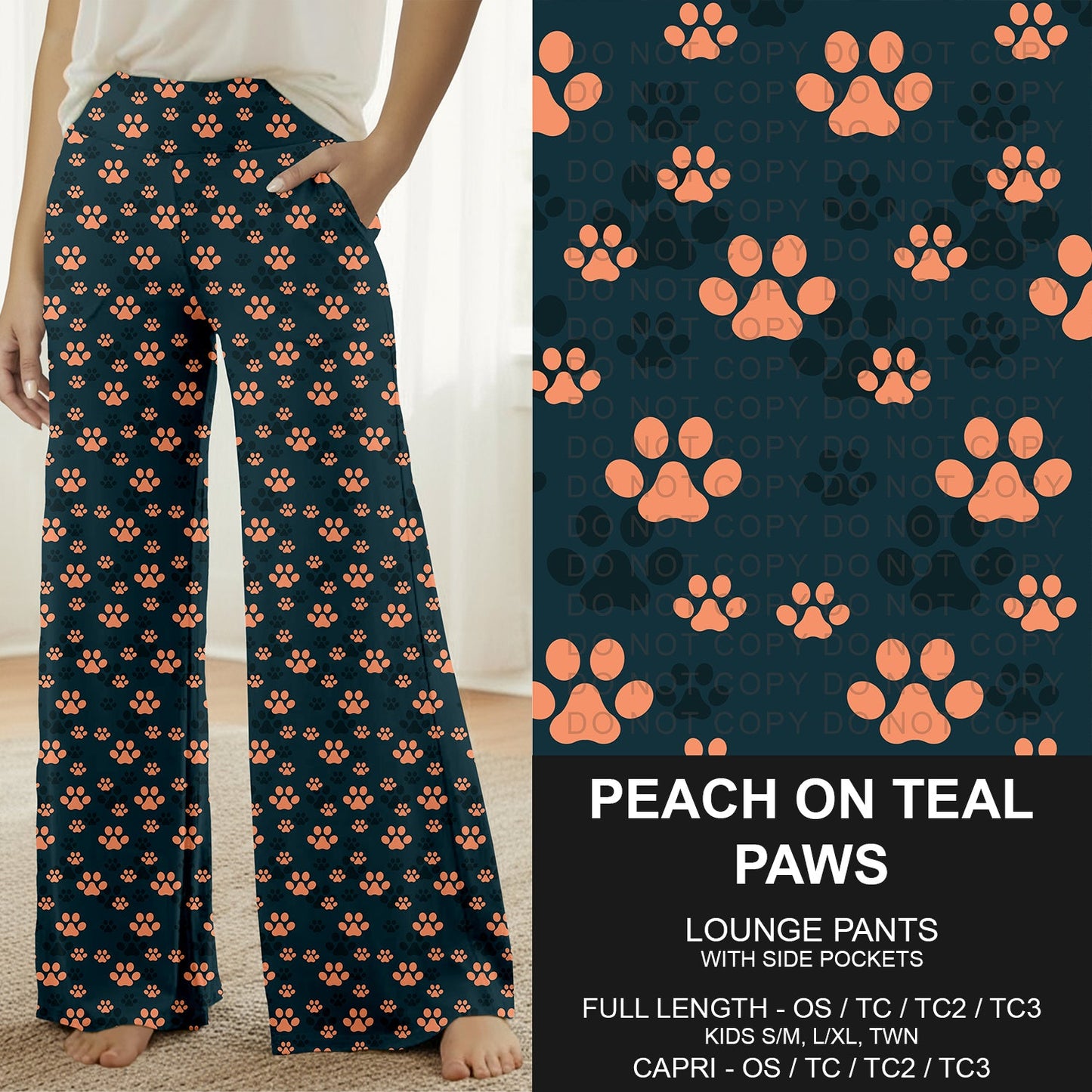 B310 - Preorder Peach on Teal Paws Lounge Pants (Closes 8/30. ETA: late Oct.)