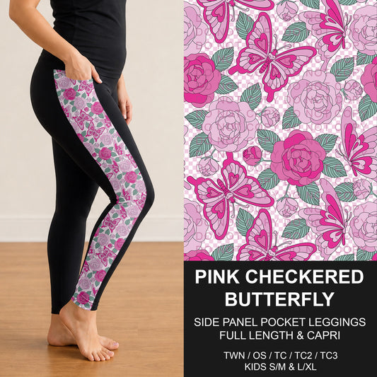 B300 - Preorder Pink Checkered Butterfly Side Panel Pocket Leggings (Closes 7/15. ETA: mid Sept.)