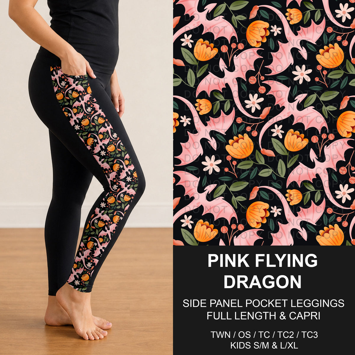 B319 - Preorder Pink Flying Dragon Side Panel Pocket Leggings (Closes 11/01. ETA: early Jan.)