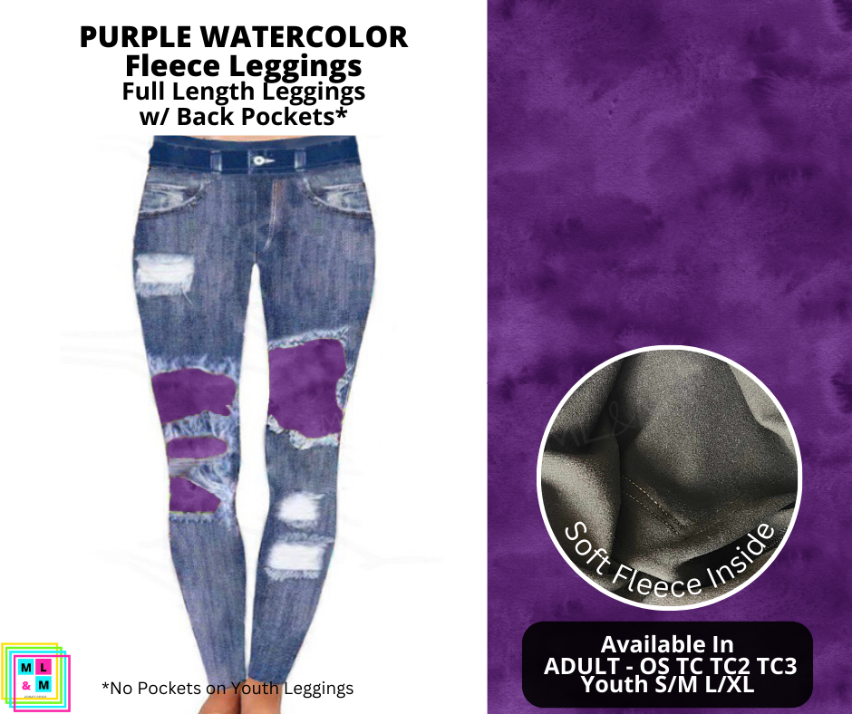 Preorder! Closes 11/15. ETA Jan. Purple Watercolor Faux Denim Fleece Leggings