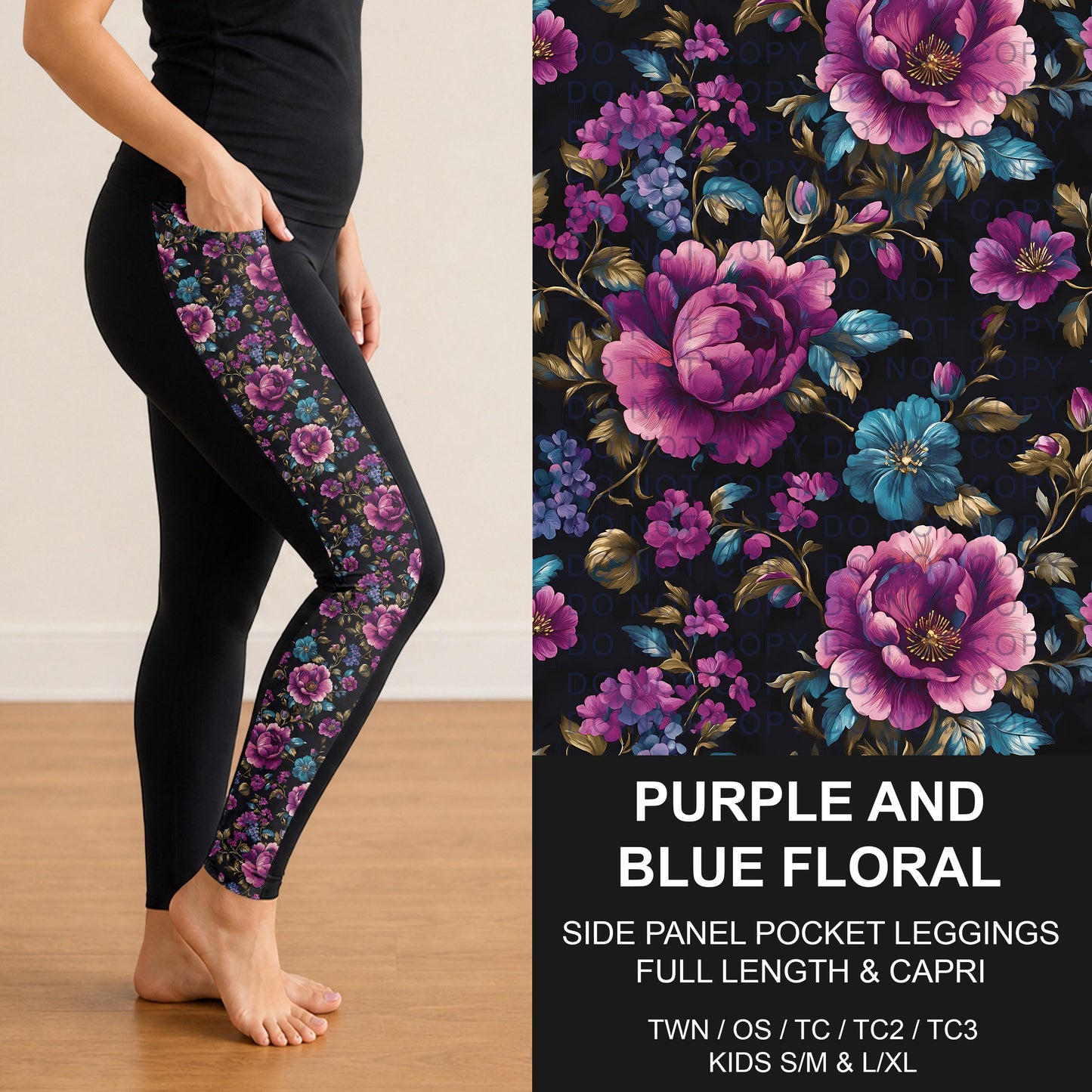 B300 - Preorder Purple and Blue Floral Side Panel Pocket Leggings (Closes 7/15. ETA: mid Sept.)