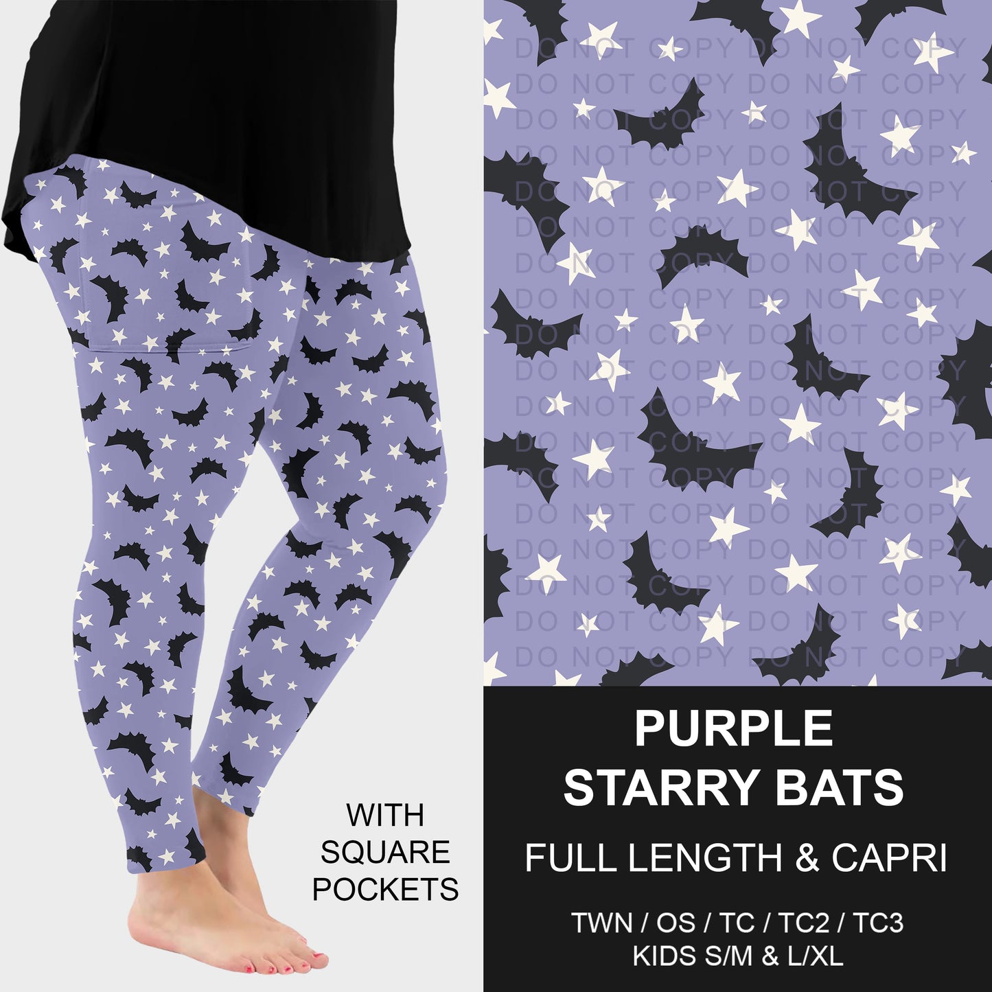B307 - Preorder Purple Starry Bats Leggings w/ Pockets (Closes 8/02. ETA: early Oct.)