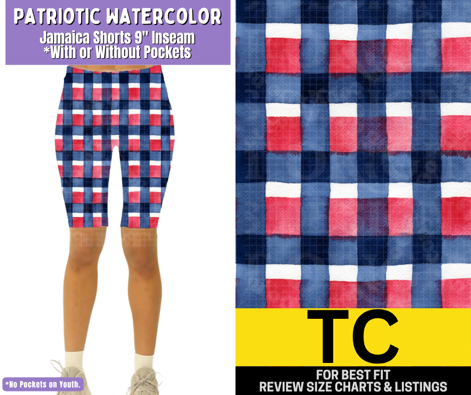 Patriotic Watercolor Jamaica Shorts w/ Pockets