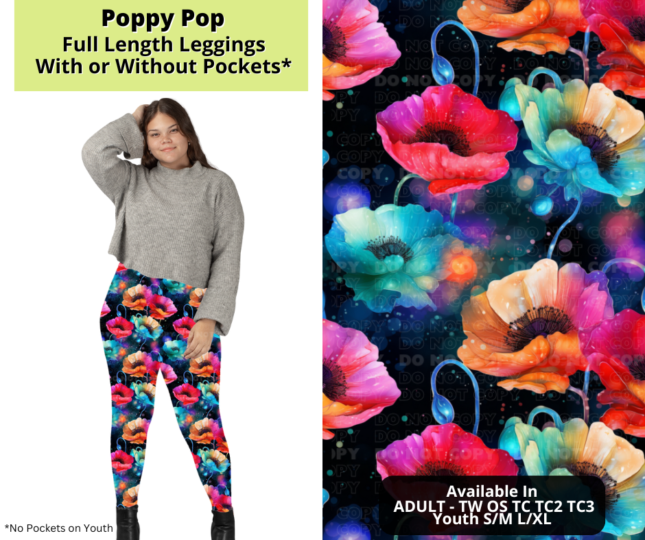 Preorder! Closes 3/24. ETA June. Poppy Pop Full Length Leggings w/wo Pockets