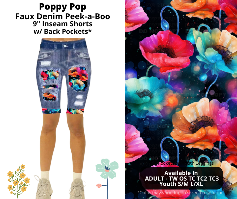 Preorder! Closes 3/26. ETA June. Poppy Pop Faux Denim Peekaboo Jamaica Shorts