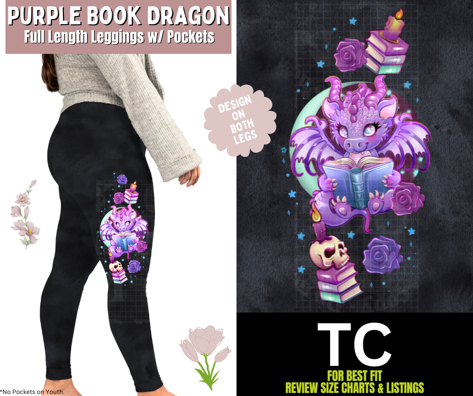 Purple Book Dragon Watercolor Full Length Leggings w/ Side Leg Designs