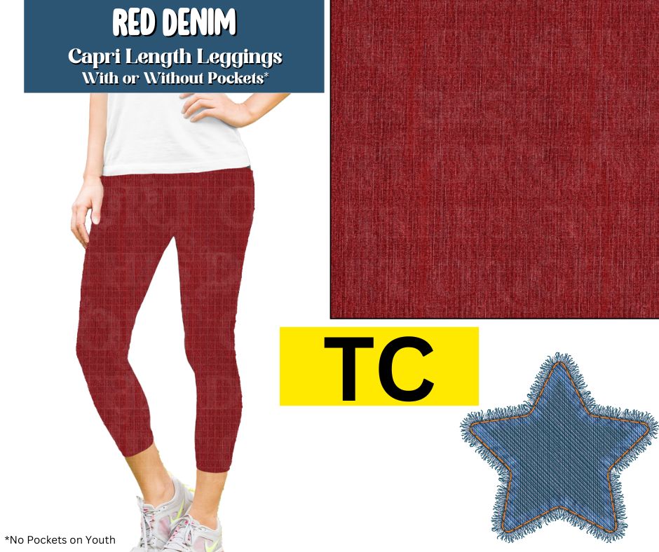 Red Denim Capri Length Leggings w/ Pockets