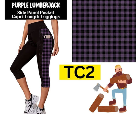 Purple Lumberjack Side Panel Pocket Capri Length Leggings