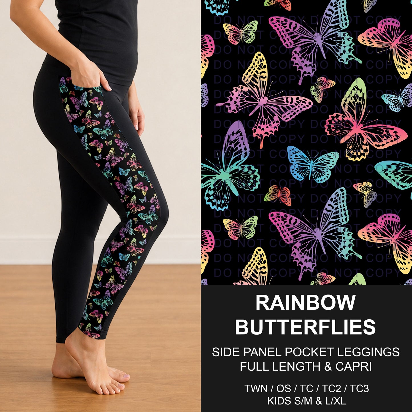 B300 - Preorder Rainbow Butterflies Side Panel Pocket Leggings (Closes 7/15. ETA: mid Sept.)