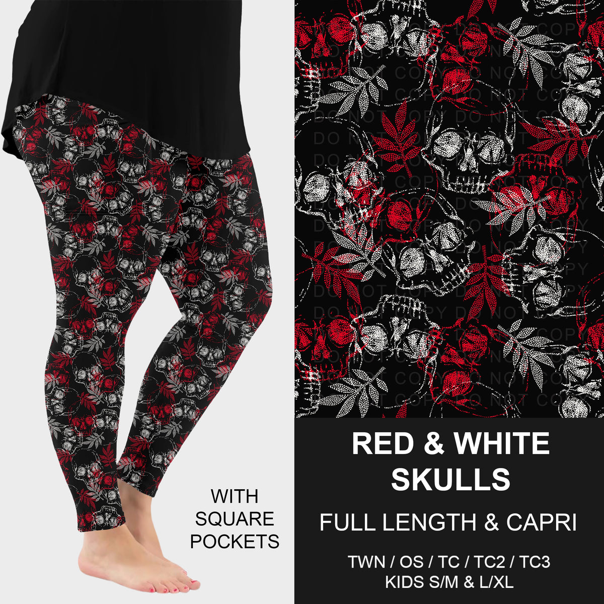 B318 - Preorder Red and White Skulls Leggings w/ Pockets (Closes 10/25. ETA: late Dec.)