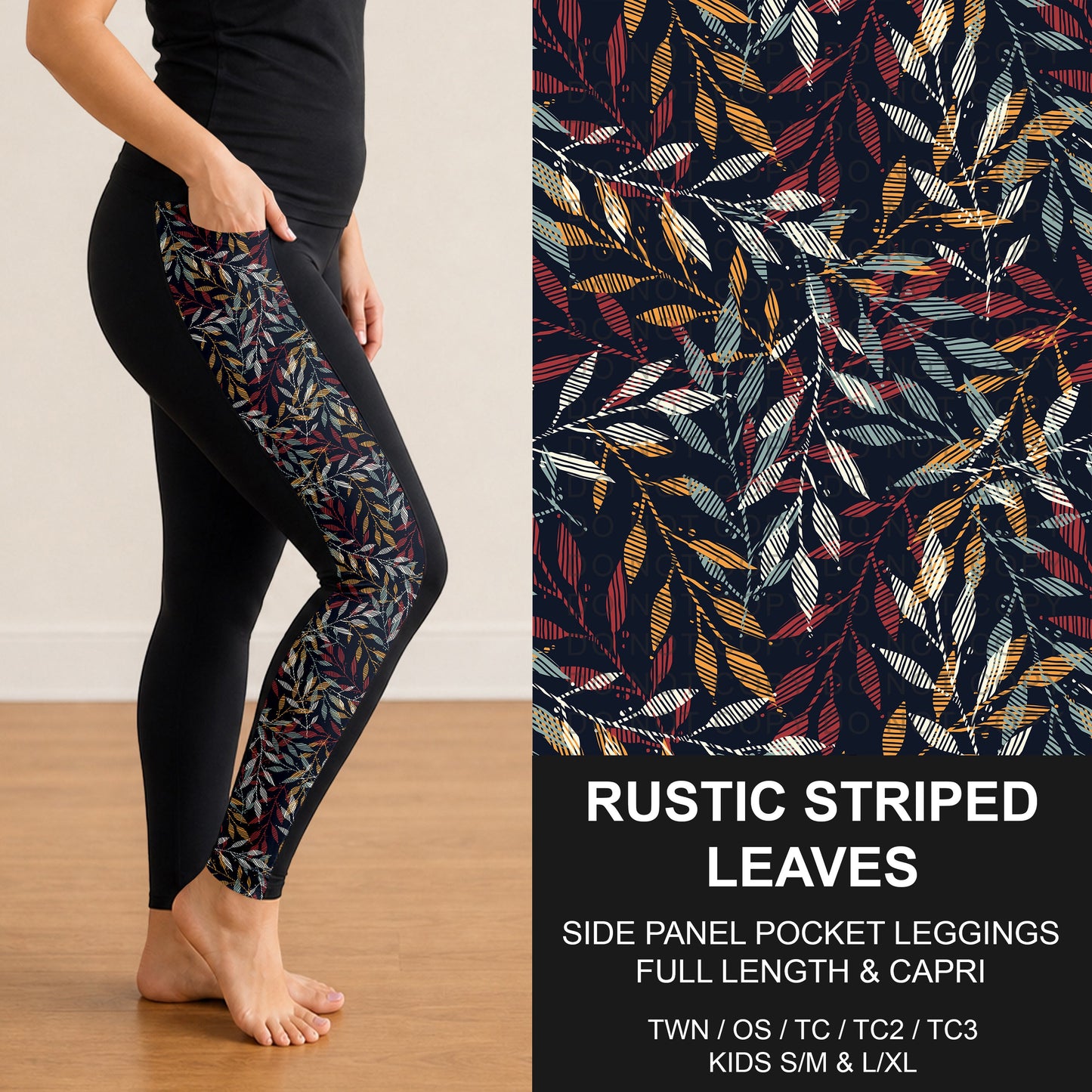 B308 - Preorder Rustic Striped Leaves Side Panel Pocket Leggings (Closes 8/16. ETA: late Oct.)