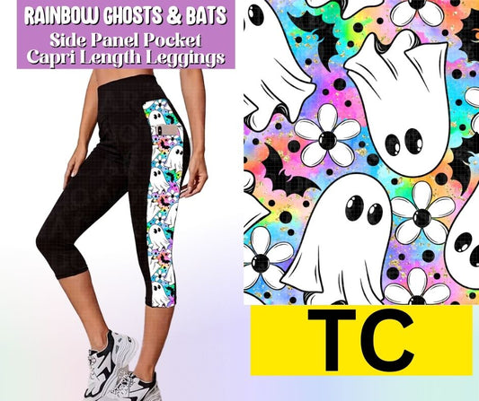 Rainbow Ghosts & Bats Side Panel Pocket Capri Length Leggings