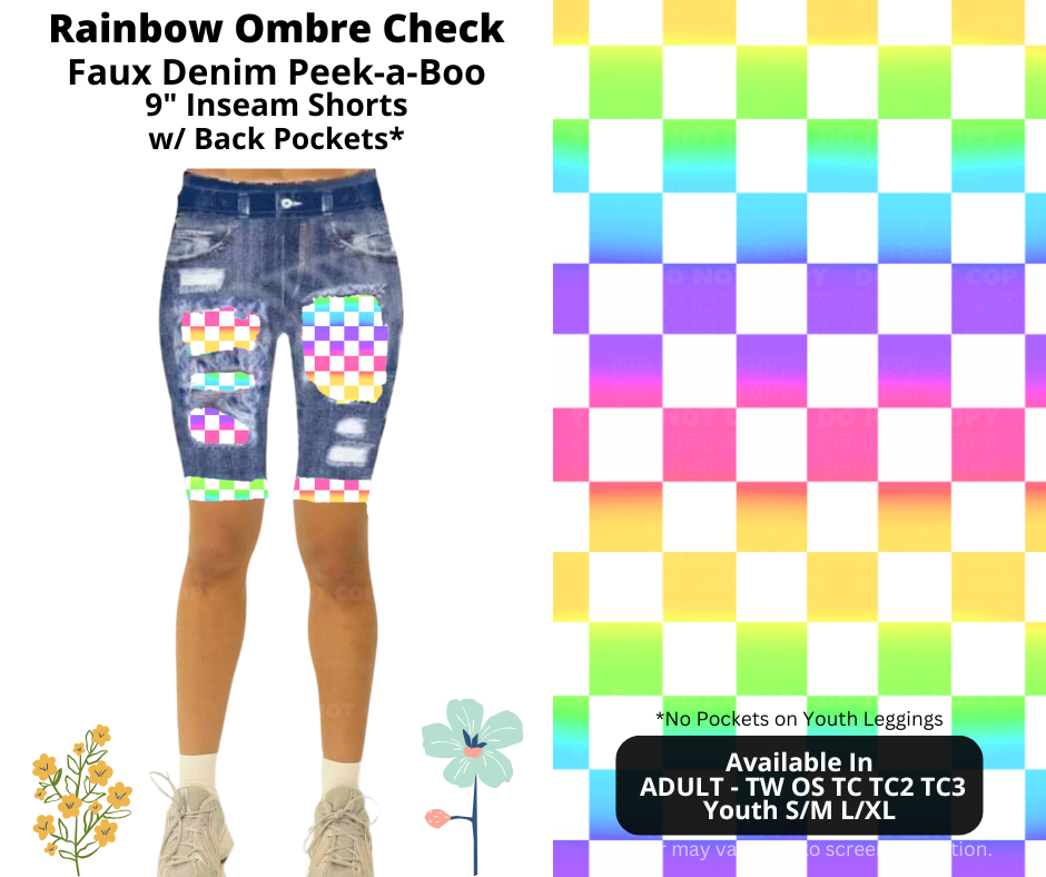 Preorder! Closes 3/26. ETA June. Rainbow Ombre Check Faux Denim Peekaboo Jamaica Shorts