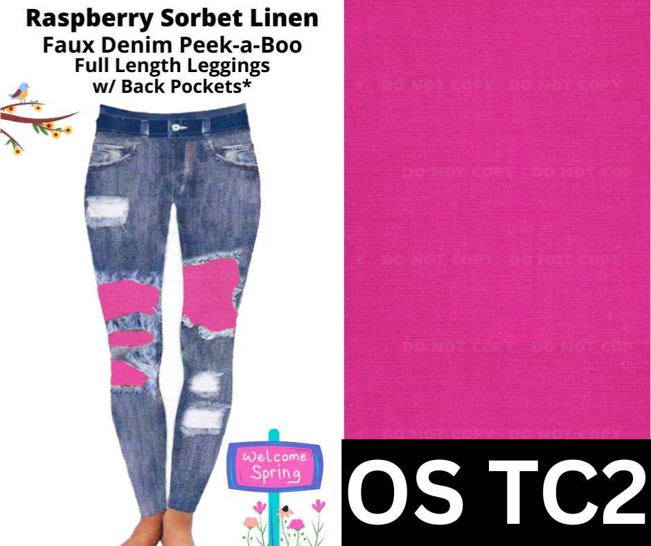 Raspberry Sorbet Linen Faux Denim Full Length Peekaboo Leggings