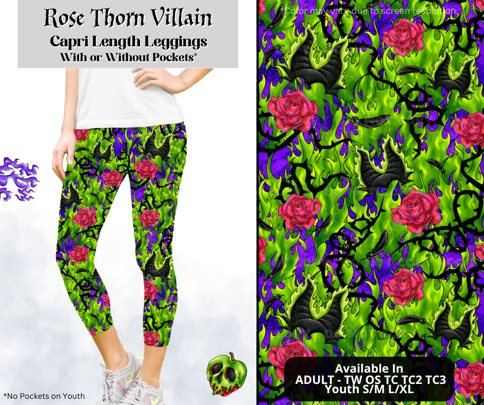 Preorder! Closes 3/28. ETA June. Rose Thorn Villain Capri Length Leggings w/wo Pockets