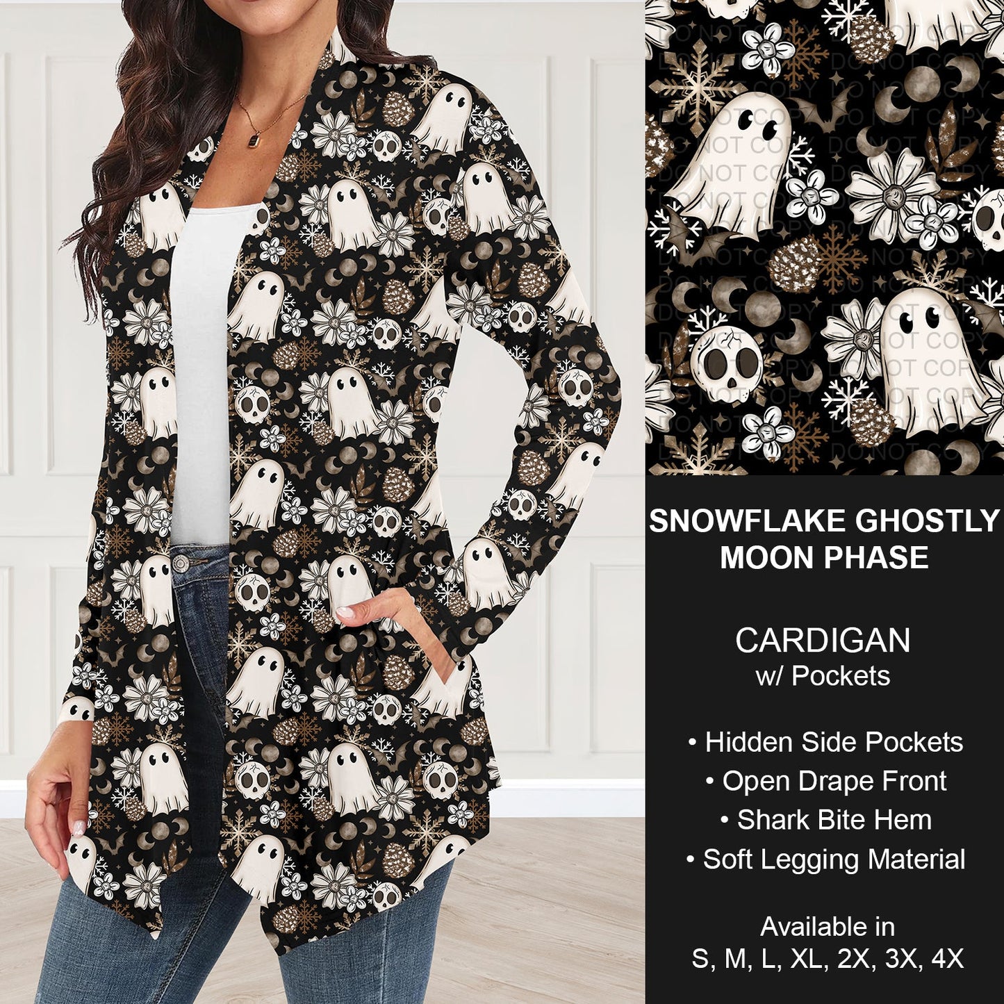 B303 - Preorder Snowflake Ghostly Moon Phase Cardigan w/ Pockets (Closes 7/26. ETA: early Oct.)