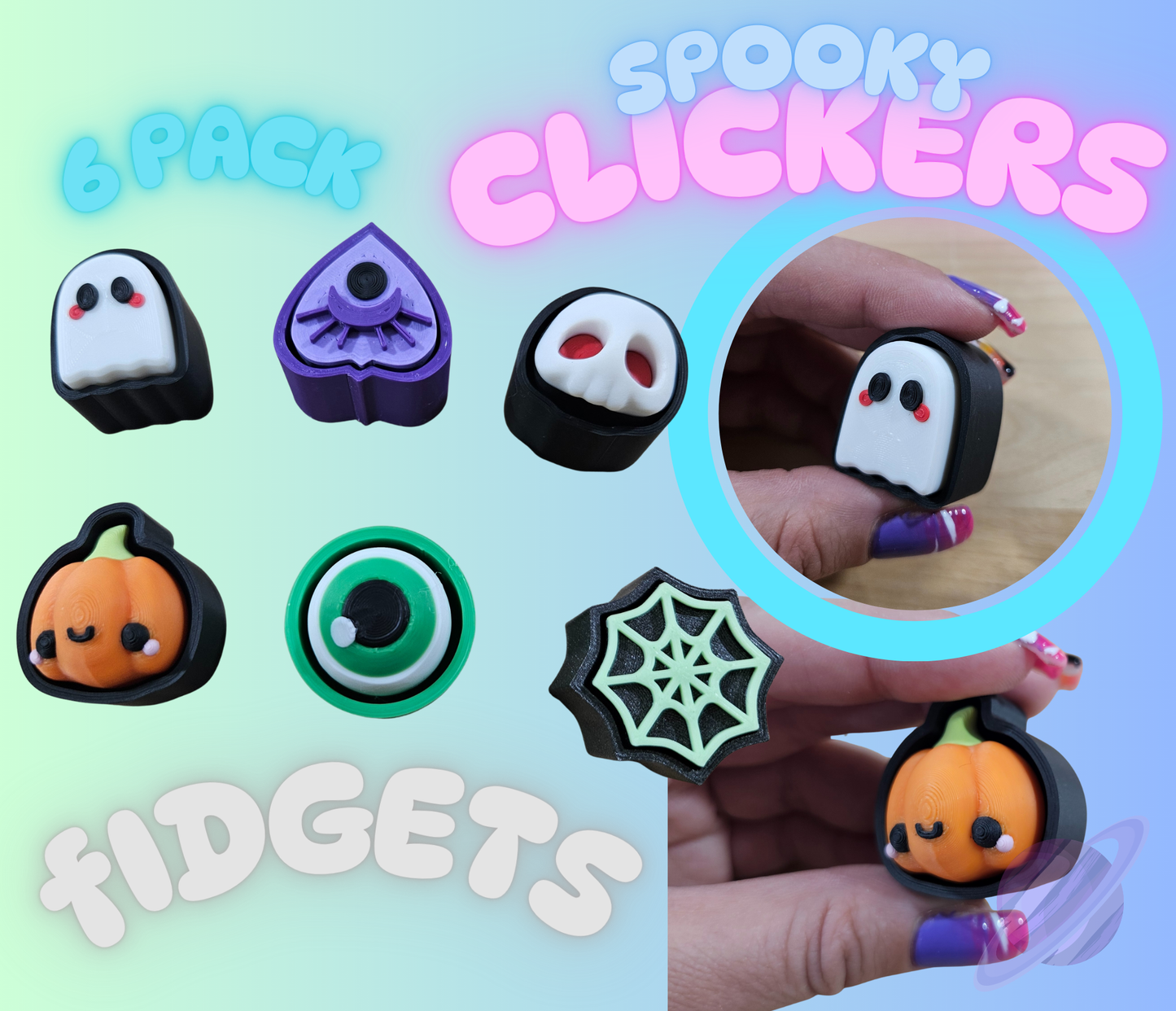 6 PACK- 3D PRINTED SPOOKY CLICKER FIDGETS