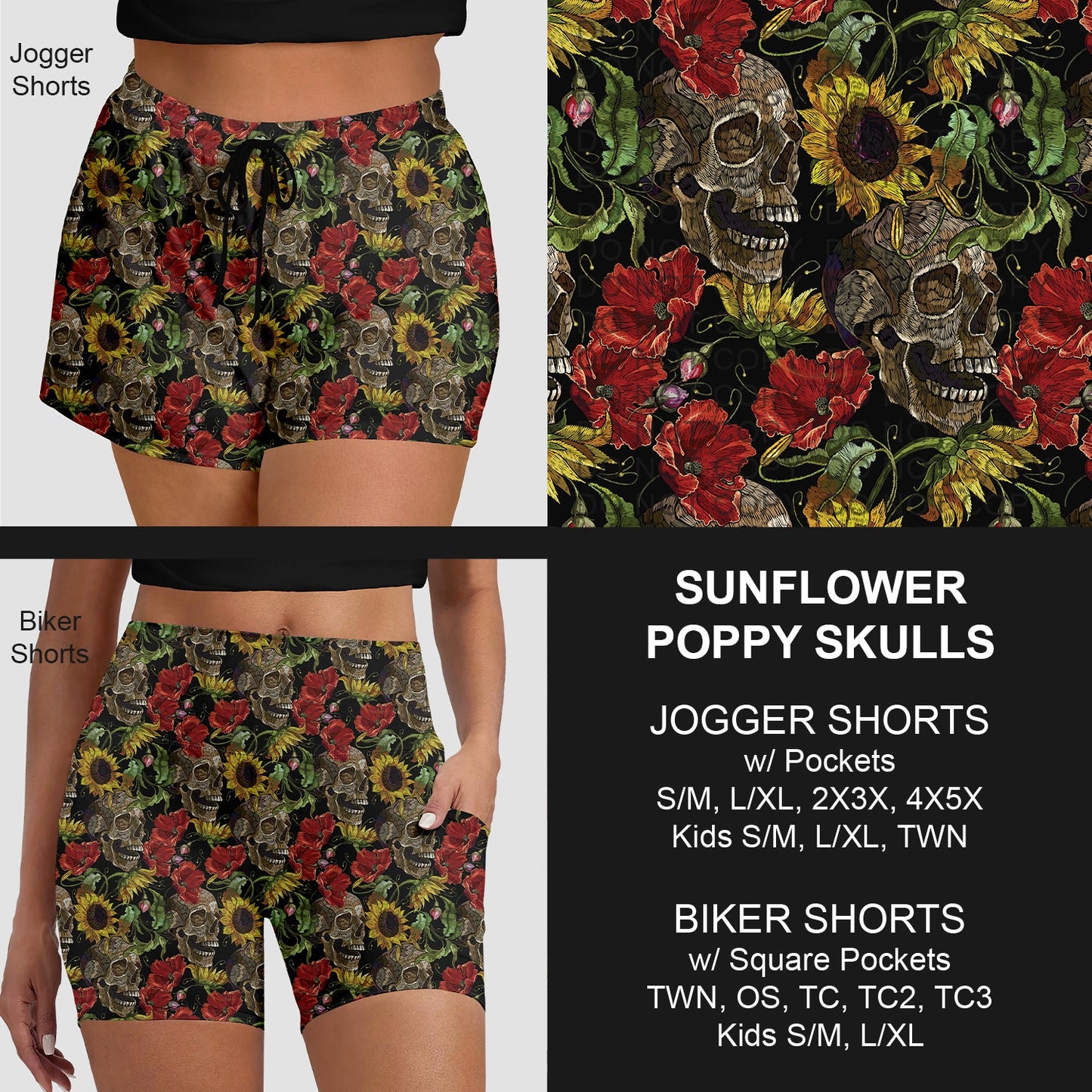 B281 - Preorder Sunflower Poppy Skulls Jogger/Biker Shorts (Closes 3/25. ETA: early June)