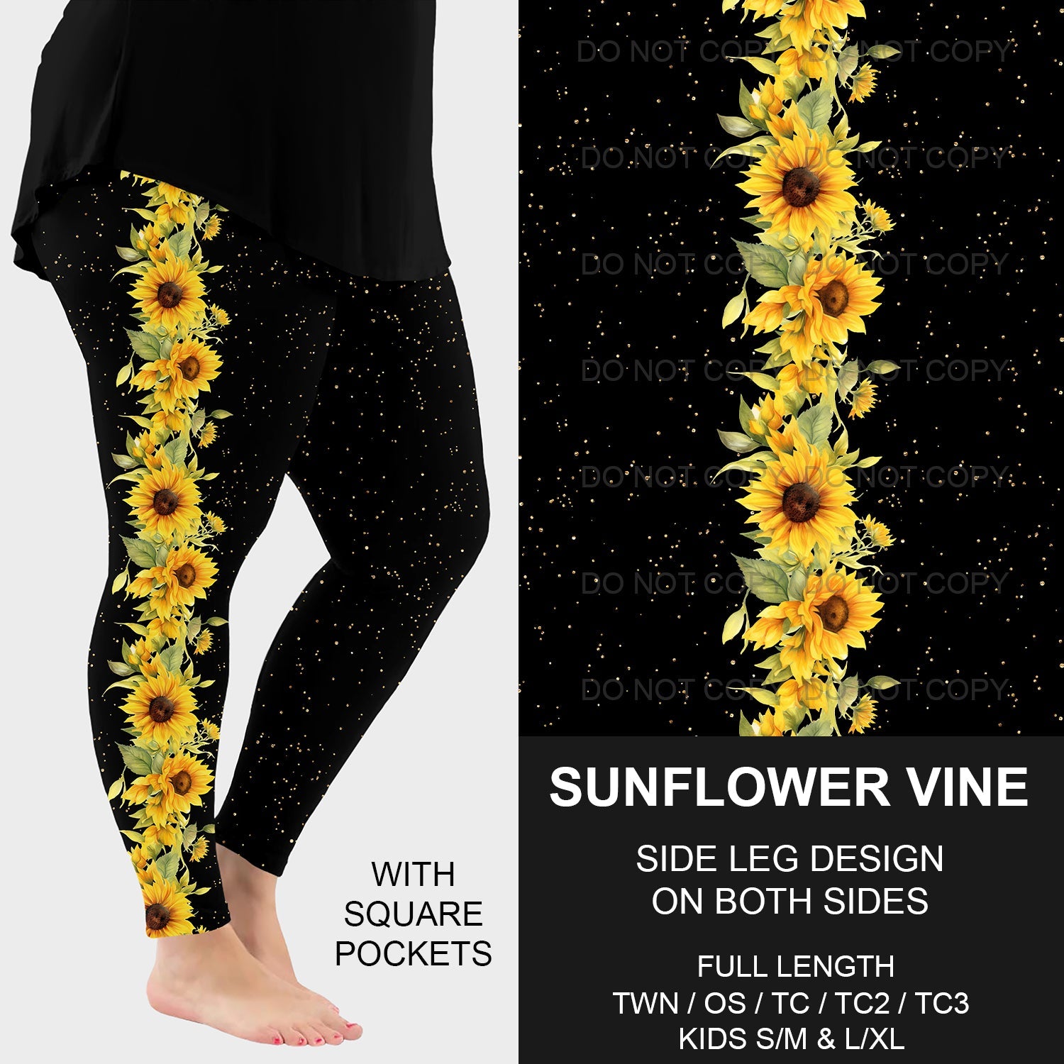 B198 - Preorder Sunflower Vine Side Design Leggings w/ Pockets (Closes 12/08. ETA early Feb.)