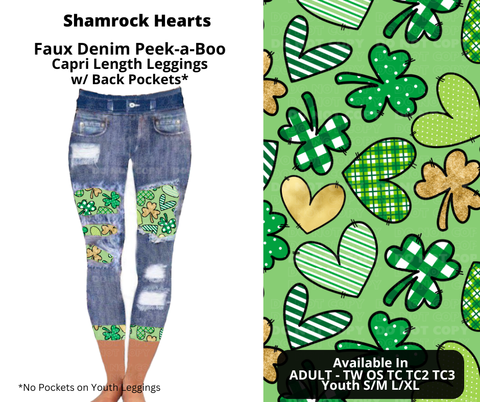 Preorder! Closes 12/9. ETA Feb. Shamrock Hearts Faux Denim Peekaboo Capris