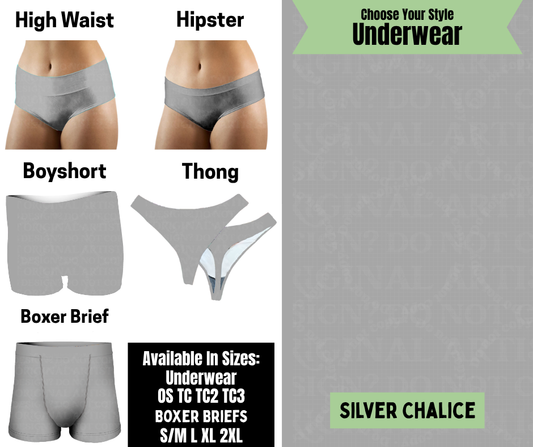 Preorder! Closes 8/25. ETA Nov. Silver Chalice Hipster, High Waist, Boyshort, & Thong Underwear & Boxer Briefs