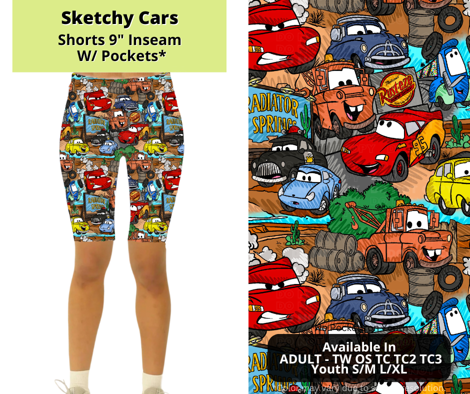 Preorder! Closes 3/24. ETA June. Sketchy Cars 9" Inseam Shorts w/wo Pockets