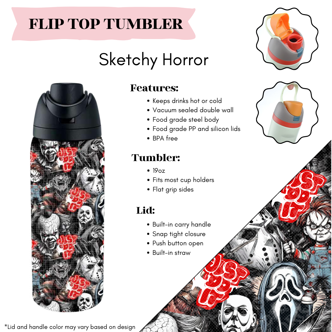 Preorder! Closes 3/20. ETA June. Sketchy Horror Flip Top Tumbler