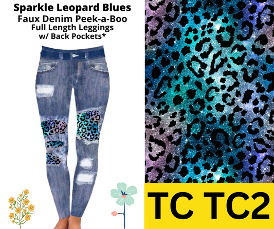 Sparkle Leopard Blues Faux Denim Full Length Peekaboo Leggings