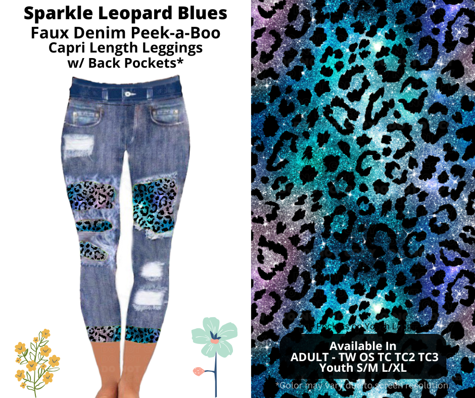 Preorder! Closes 3/26. ETA June. Sparkle Leopard Blues Capri Faux Denim Peekaboo