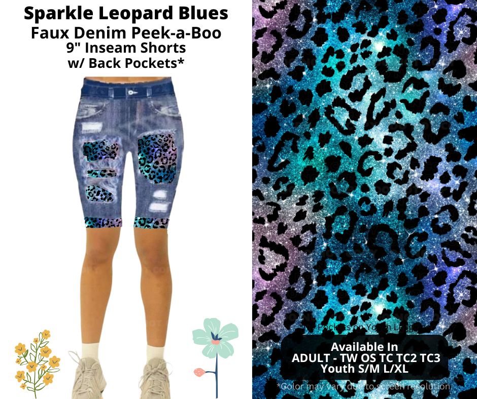 Preorder! Closes 3/26. ETA June. Sparkle Leopard Blues Faux Denim Peekaboo Jamaica Shorts