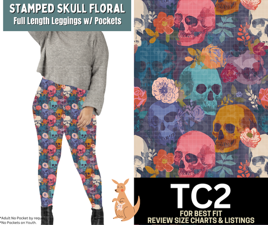 Stamped Skull Floral Full Length Leggings w/ Pockets