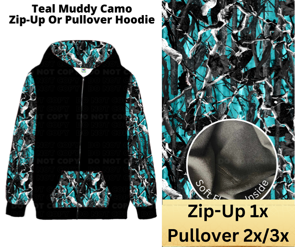 Teal Muddy Camo Zip-Up or Pullover Hoodie