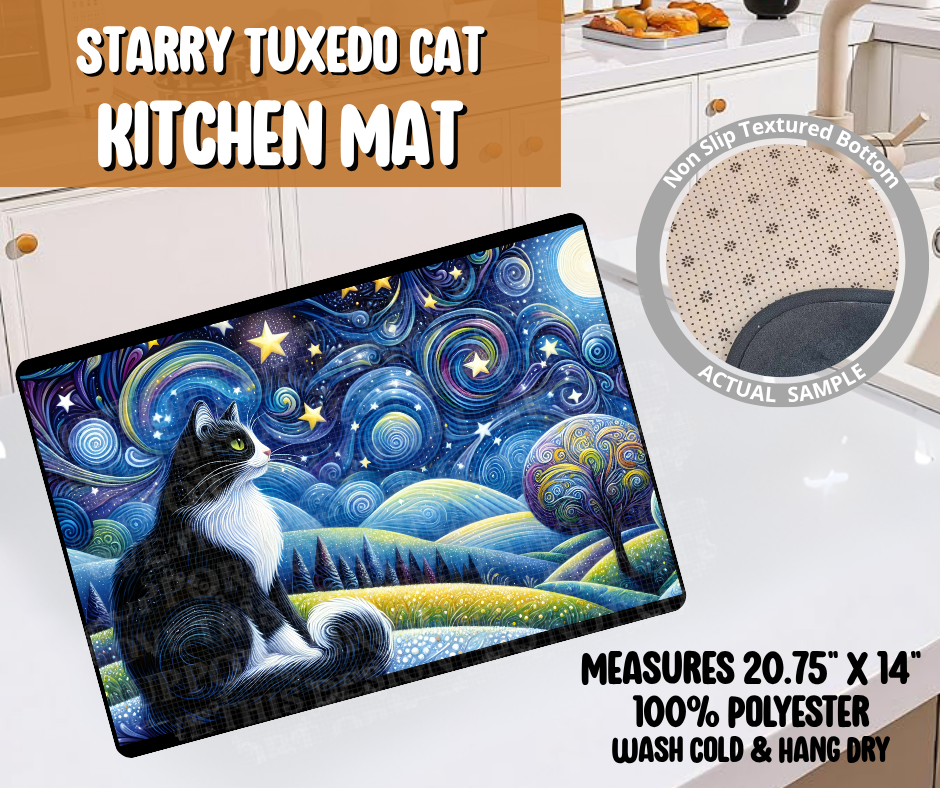 Starry Tuxedo Cat Kitchen Mat
