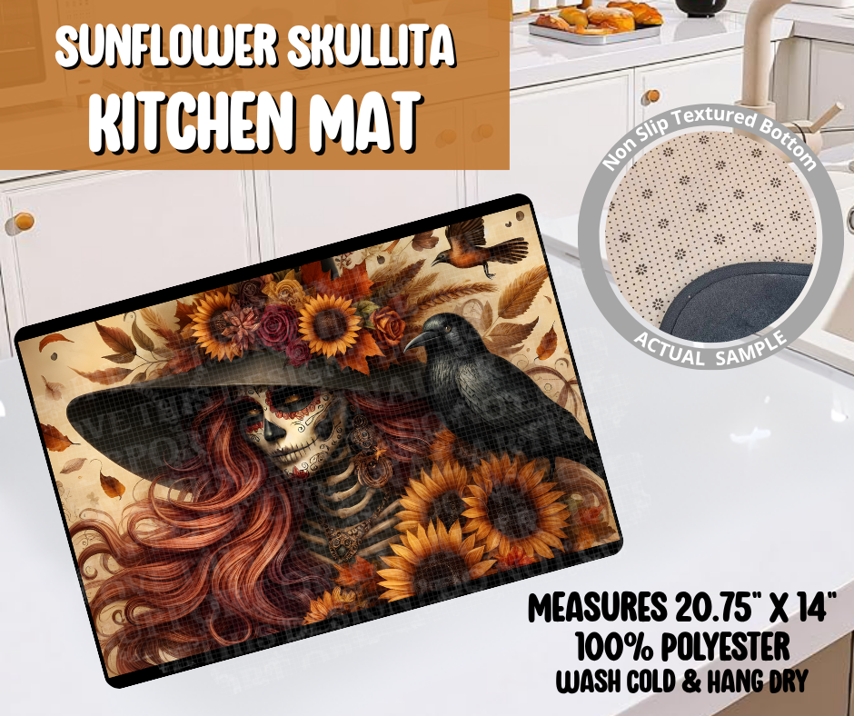 Sunflower Skullita Kitchen Mat
