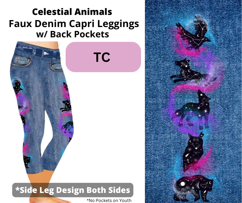 Celestial Animals Capri Faux Denim w/ Side Leg Designs