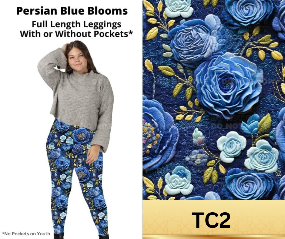 Persian Blue Blooms Full Length Leggings w/ Pockets