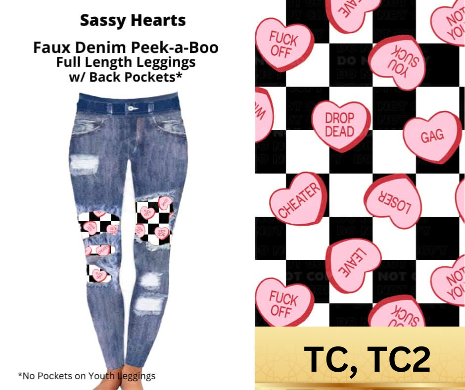 Sassy Hearts Faux Denim Full Length Peekaboo Leggings