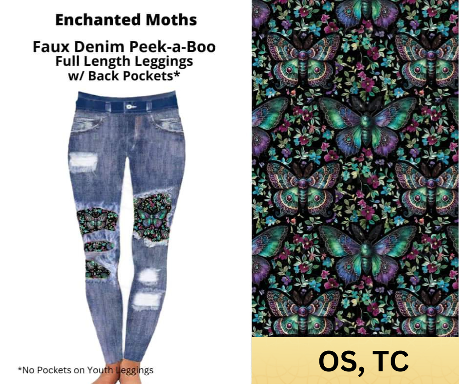 Enchanted Moths Faux Denim Full Length Peekaboo Leggings