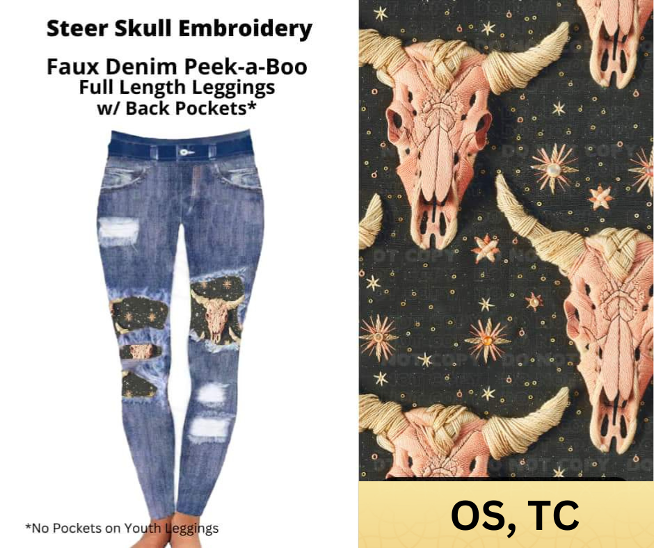 Steer Skull Embroidery Faux Denim Full Length Peekaboo Leggings