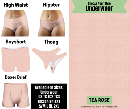 Preorder! Closes 8/25. ETA Nov. Tea Rose Hipster, High Waist, Boyshort, & Thong Underwear & Boxer Briefs