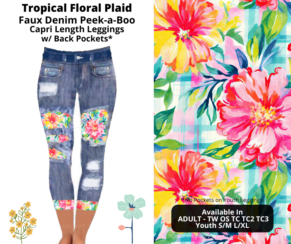 Preorder! Closes 3/26. ETA June. Tropical Floral Plaid Capri Faux Denim Peekaboo